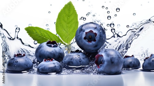 Closeup of ripe blueberries and leaves with water splashes and drops, isolated on white table background. photo