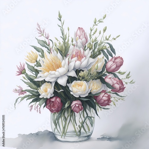 A watercolor realistic, clean, detailed illustration of white and pink tulips, peonies in clear glass vase , greenery isolated on light grey background color, full view, highly detaled, illustration