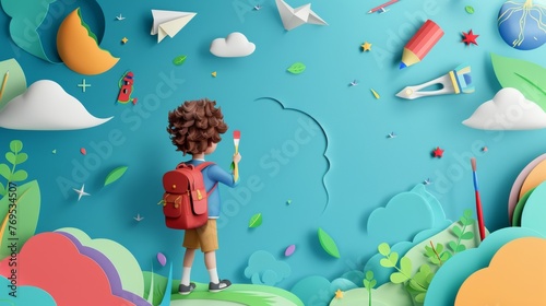 Background of a back to school sale. Paper cut 3D craft style. A boy with a brush on blue background with layers of teaching, education, and learning symbols. Modern illustration. photo