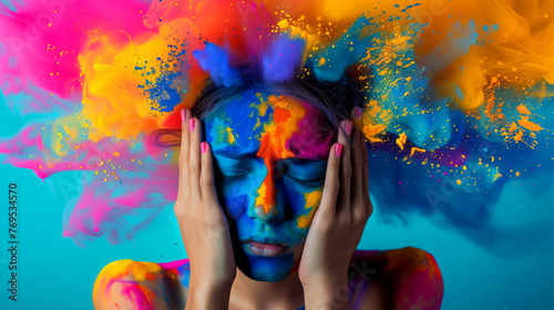 A woman with colorful face paint and a colorful background. The background is a mix of colors, and the woman's face is the main focus of the image. mix of colors representing exhaustion, tiredness