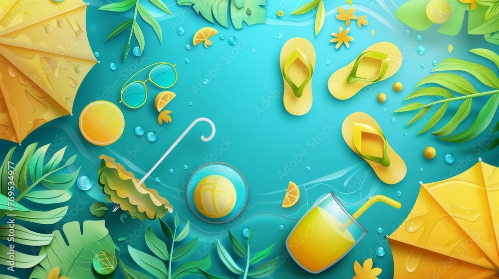 An umbrella, a ball, glasses, sandals, juice, and yellow leaves. A summer background in a paper craft style. A paper cut and craft style with yellow leaves.