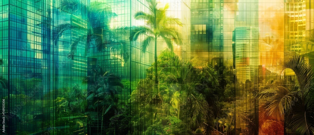 Stunning double exposure of a lush green forest and the windows of a modern skyscraper