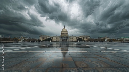 Stark cloudy weather over empty exterior view of the US Capitol Building in Washington DC, USA