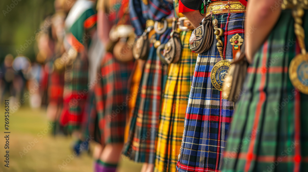 Traditional Scottish kilts and sporrans on display during a cultural