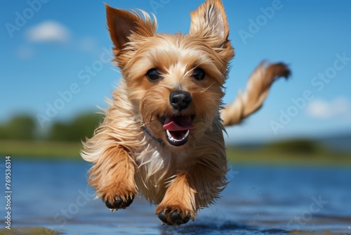 the lively dog leaping through the vibrant blue paper, exuding joy and charisma.