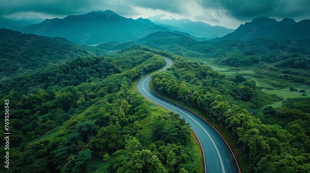 Bird's eye view curves the road in a beautiful green forest. Bird's eye view curves the road in a beautiful green forest.