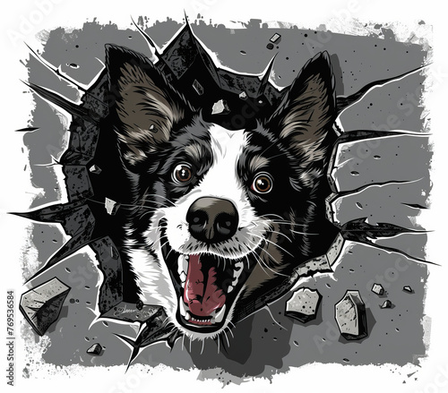 Trendy T-Shirt Illustration: Dog Breaking Through Cracked Wall