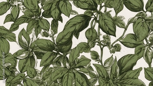 Vintage fabric wallpaper styled drawing of basil herb