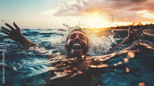 A man swimming in the ocean with his mouth open, showing an action shot of him in motion