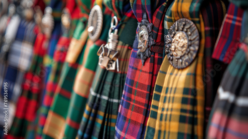 A detailed close-up of assorted tartan kilts with decorative sporrans highlighting Scottish attire