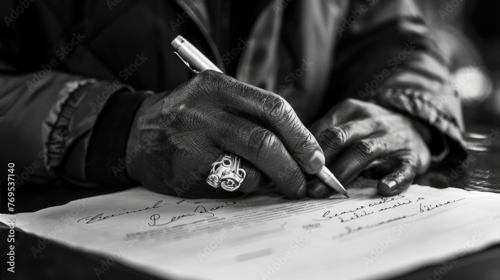 An elderly individual is captured in the act of signing a formal document, with a focus on the aged hands and pen - obrazy, fototapety, plakaty 