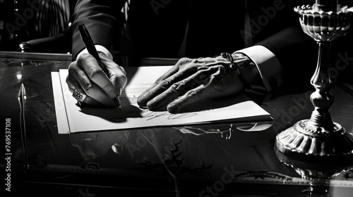 In a black and white setting, a persons hand with a ring is seen signing a paper, reflecting off a shiny surface photo