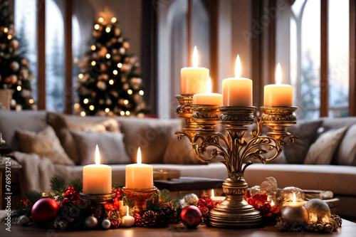 Christmas and new year decor background, close up decorated christmas candelabra living room at home. Copy space