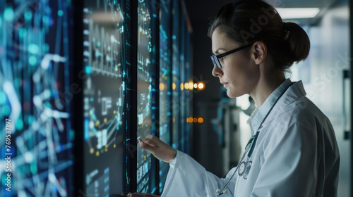 A focused woman in a white lab coat stands before a wall covered in data, closely examining the information displayed