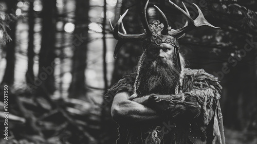 A regal figure clad in furs with large antlers atop his head, stands confidently in a forest, embodying strength and wilderness
