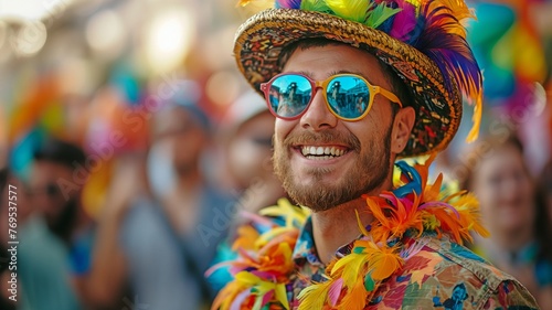 picture of a charming man during a carnival, dressed stylishly, grinning
