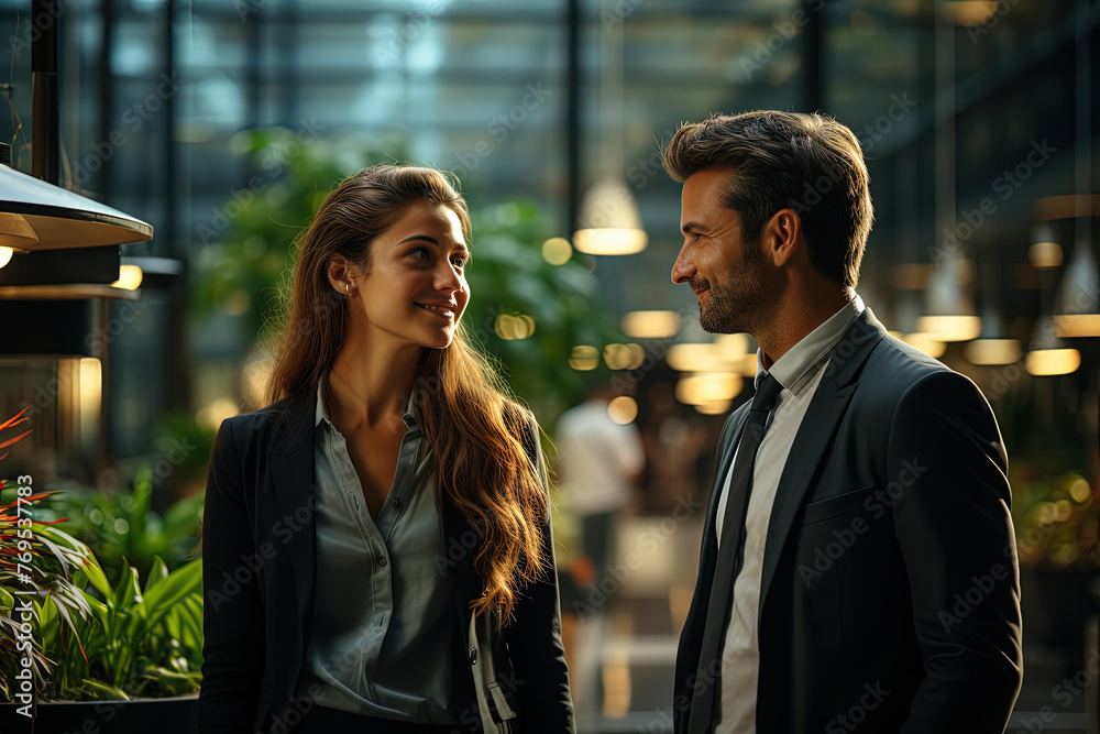 Two professionals talk amiably against a blurred city backdrop, with warm lighting enhancing the evening ambiance Two professionals talk amiably against a blurred city backdrop, with warm lighting enhancing the evening ambiance