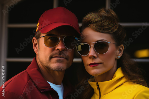 A man in a red cap and a woman in a yellow jacket strike a stylish pose  wearing sunglasses  against a windowed backdrop