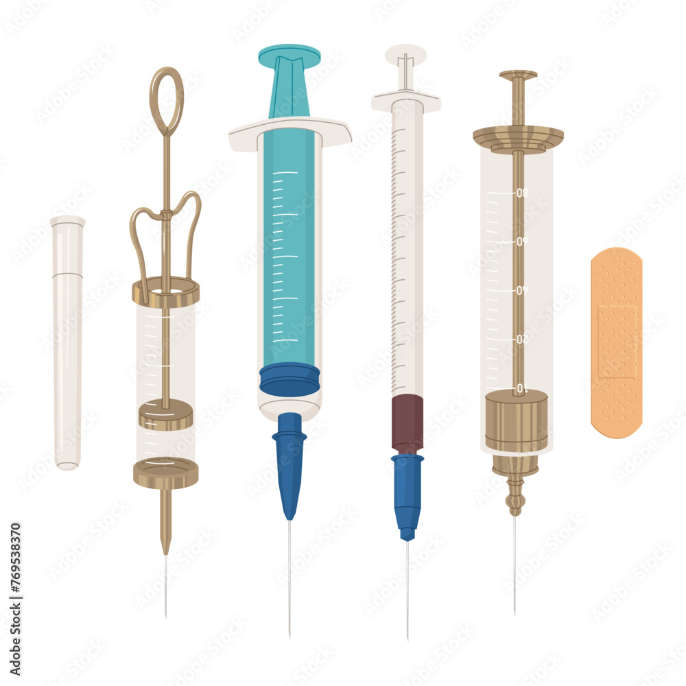 Set of reusable medical syringes made of glass and metal and disposable plastic. Vaccination and of the population. Protection from diseases. Vector illustration isolated on transparent background.