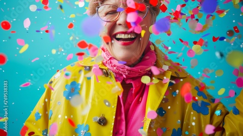 A senior woman is bursting with laughter amidst a shower of colorful confetti, wrapped in a yellow raincoat that matches her infectious, youthful spirit.