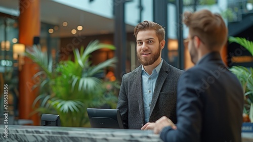 A cheerful young receptionist with a beard is interacting with a kind business guest at the hotel lobby desk.