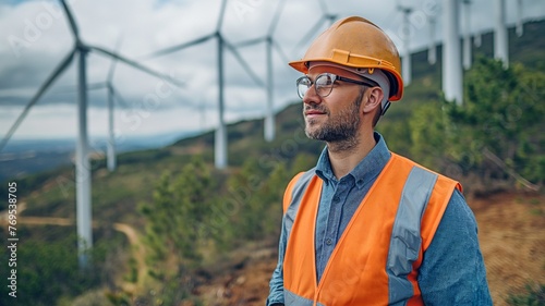 An engineer employed at a wind farm that uses alternative energy and is sustainable.