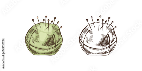 Hand-drawn colored and monochrome sketches of pincushions with needles and pins. Handmade, sewing equipment concept in vintage doodle style. Engraving style.