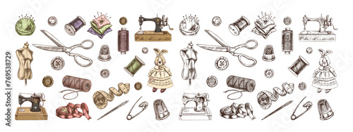 Vintage set of hand-drawn colored and monochrome sewing icons. Vector illustrations in sketch style. Handmade, sewing equipment concept in vintage style. Engraving style.