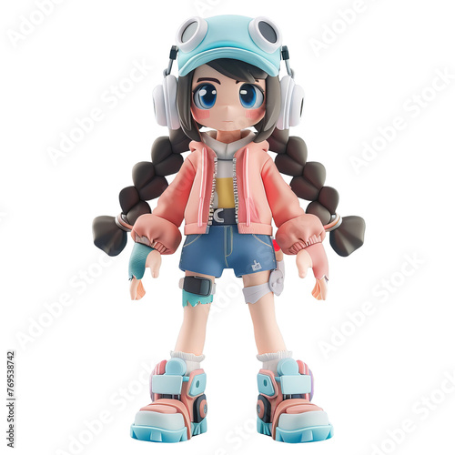 3D clay rendering of a charming girl adorned with a Gemini twins hat, featuring stylish clothes with tech elements photo