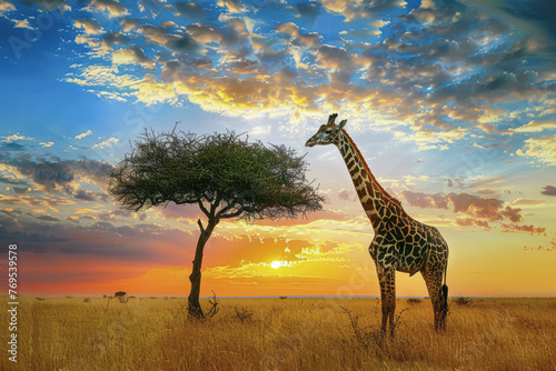 A solitary giraffe stands in the African savannah beside a low tree, silhouetted against the vibrant hues of the setting sun, capturing a majestic moment of solitude and beauty. Generative AI.