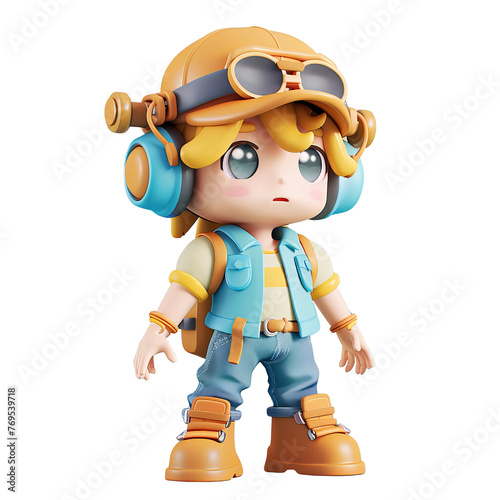 A cute boy featured in a 3D clay render, sporting a maiden hat alongside funky tech accessories and game-inspired clothes