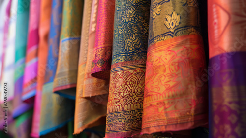 Eye-catching silk fabrics aligned in a row, each with unique traditional patterns, symbolizing luxury and craftsmanship