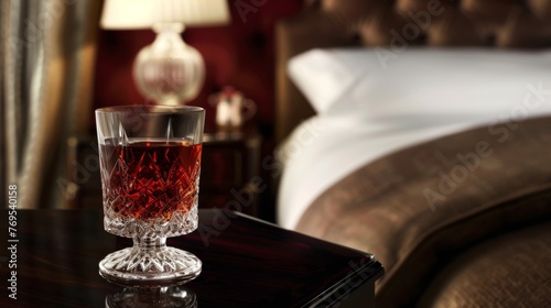 A crystal glass holds a dark red nightcap, its rich color matching the opulent tones of the plush bedroom setting, suggesting refined relaxation.