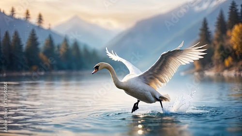 Alpine Swan Taking Flight at Dawn