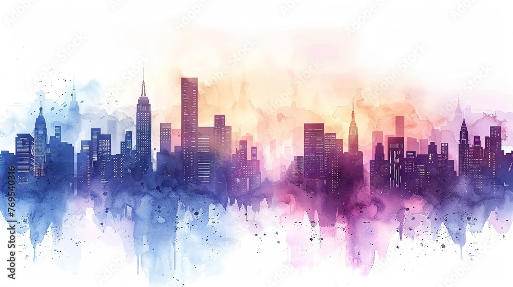 Pastel watercolor skyline city silhouettes hand-drawn