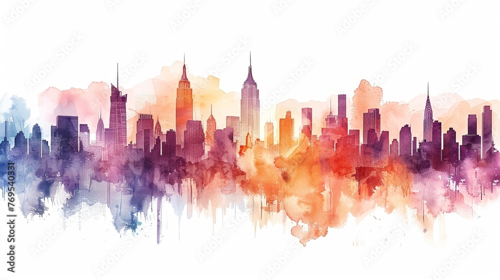 Pastel watercolor skyline city silhouettes hand-drawn