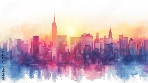 Pastel watercolor skyline city at dawn