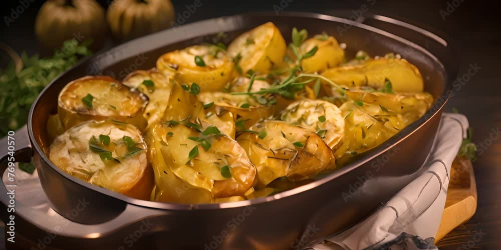 A casserole dish with potatoes and herbs in it. 4K Video A casserole dish with potatoes and herbs in it. 4K Video