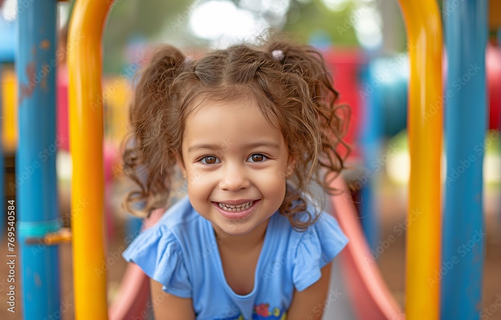 A little child beaming at a kids' outdoor play area or playground with a slide. A little child beaming at a kids' outdoor play area or playground with a slide.