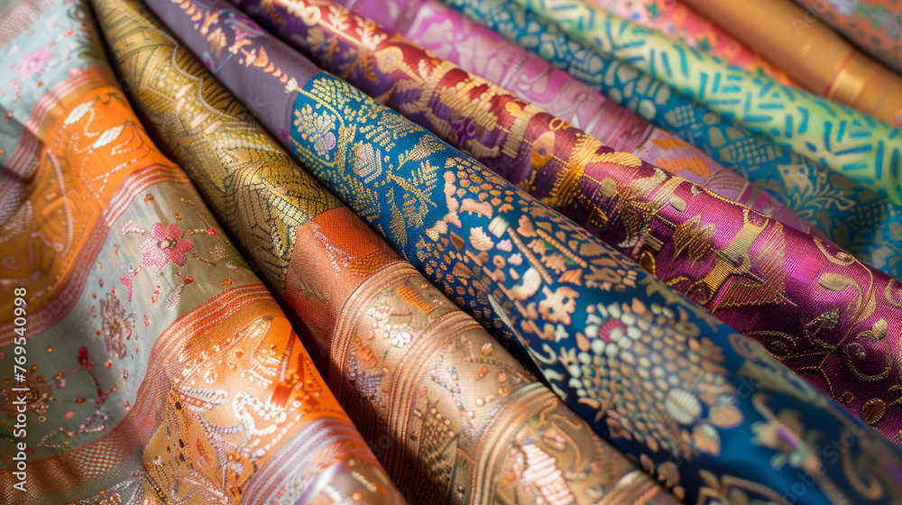 The photo reflects a selection of luxurious Indian sarees with detailed golden embroidery and designs The photo reflects a selection of luxurious Indian sarees with detailed golden embroidery and designs