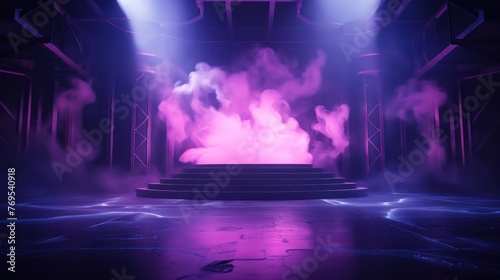 Smoke hovers in a purple void, an empty scene brought to life by neon lights and spotlights.
