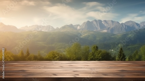 Wooden table background featuring a scenic landscape with mountains and wildlife.