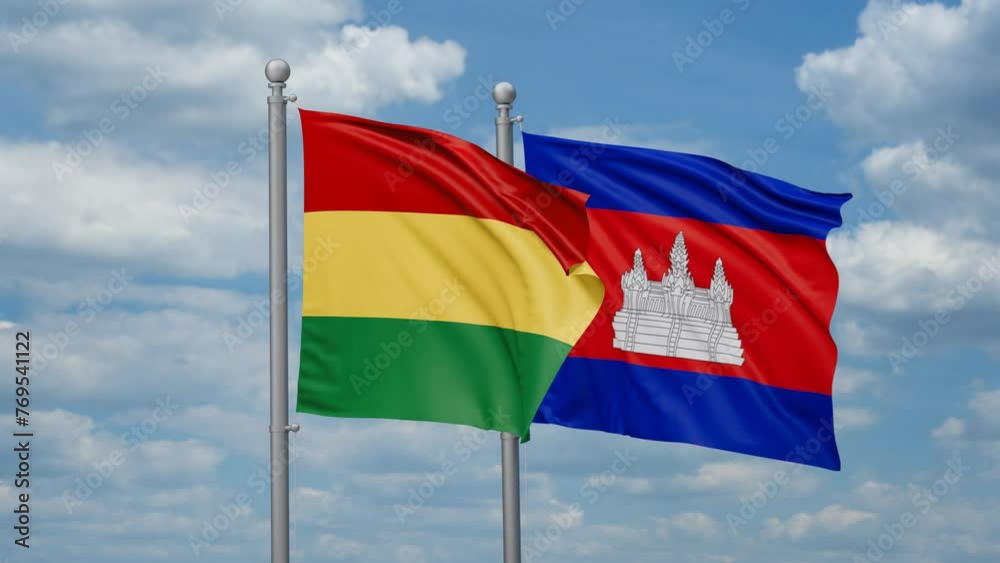 Cambodia and Bolivia two flags waving together, looped video, two country relations concept Cambodia and Bolivia two flags waving together, looped video, two country relations concept