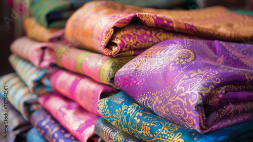 A beautifully arranged stack of Indian sarees, featuring intricate designs and colorful patterns