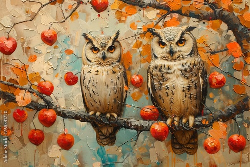 Cute owls on a heart background. photo