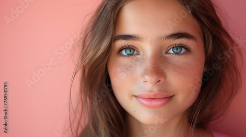Portrait of pretty teen girl. Latin or hispanic teenager child isolated on Coral color background. Happy face, positive and smiling emotions of teenager girl.professional photography.