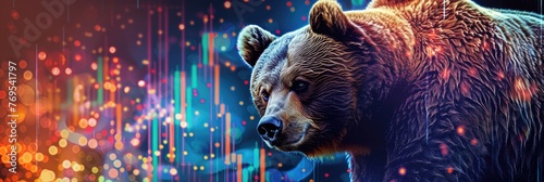 bear on a vibrant background with cryptocurrency trading charts and data Illustration of a bear market downtrend  © PinkiePie