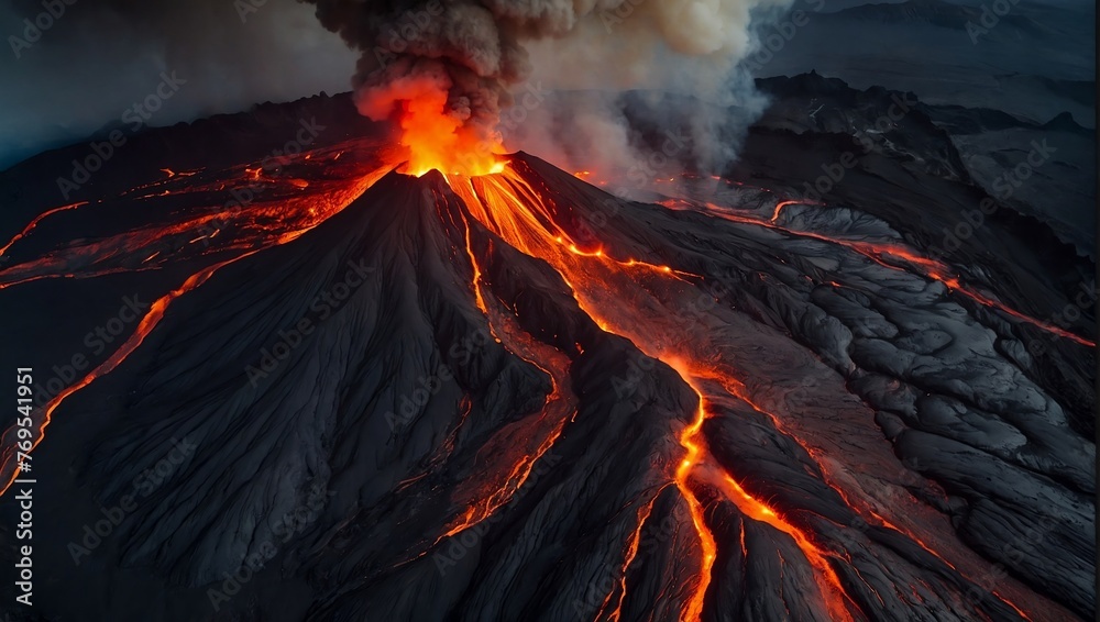 volcano seen from above, erupts lava