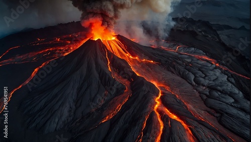 volcano seen from above, erupts lava