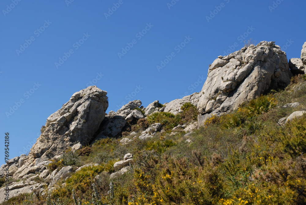 Dramtic rocky ridge on the Cavall Verd, near Benimaurell, Vall de Laguar, Alicate Province, Spain